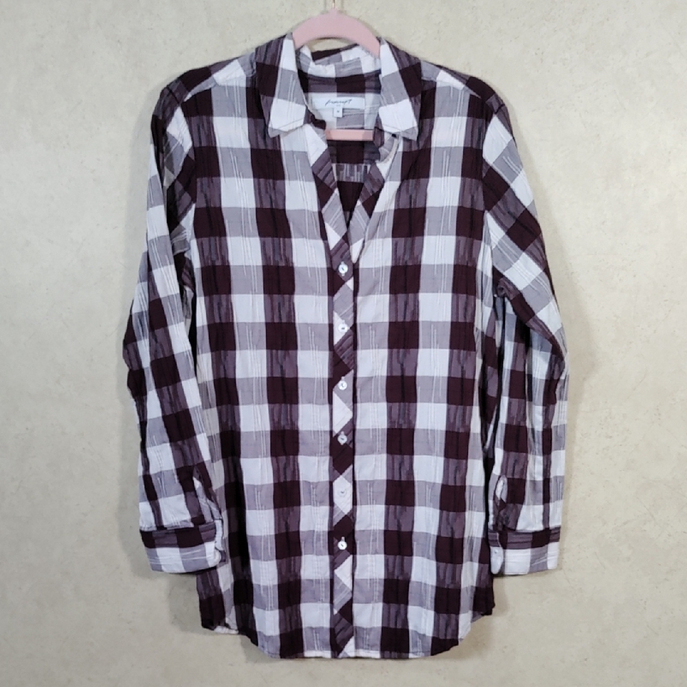 *H163 Foxcroft maroon & white check textured cotton blouse 14 FINAL PRICE